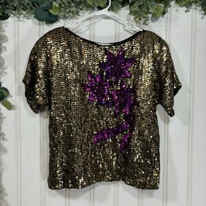 Vintage Sequin Top Gold Purple Embellished Party Sparkly Short Sleeve MEDIUM